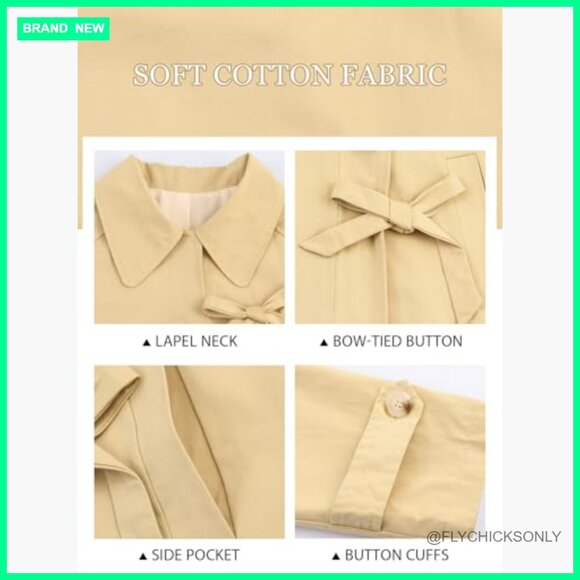 100% Cotton Bow Toggle Trench Coat, Windproof Peacoat - Picture 5 of 7